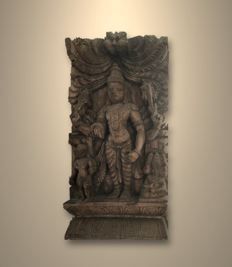 Antique teak panel of four-armed Vishnu with seated four-headed Brahma