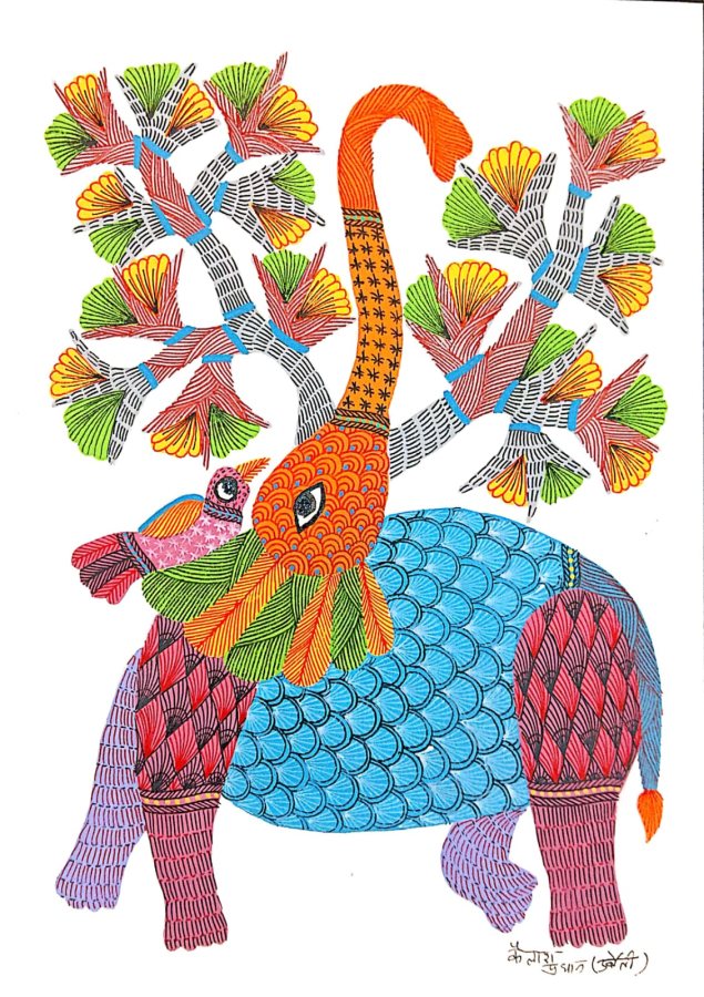 Gond painting: Elephant under the Flowering Tree