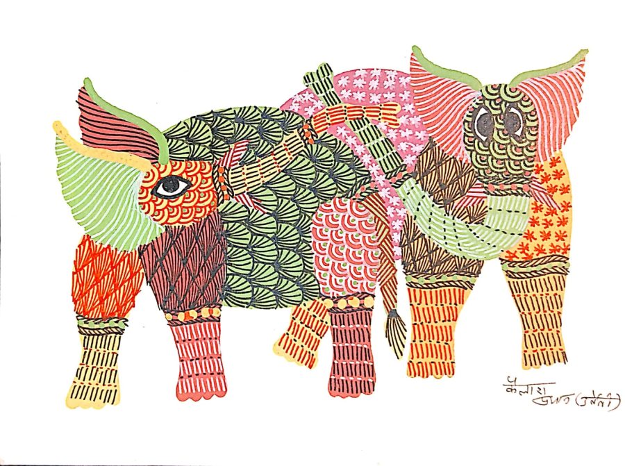 Gond painting: Two Elephants
