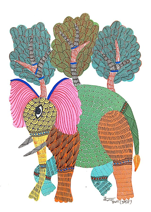 Gond painting: Elephant in the Forest