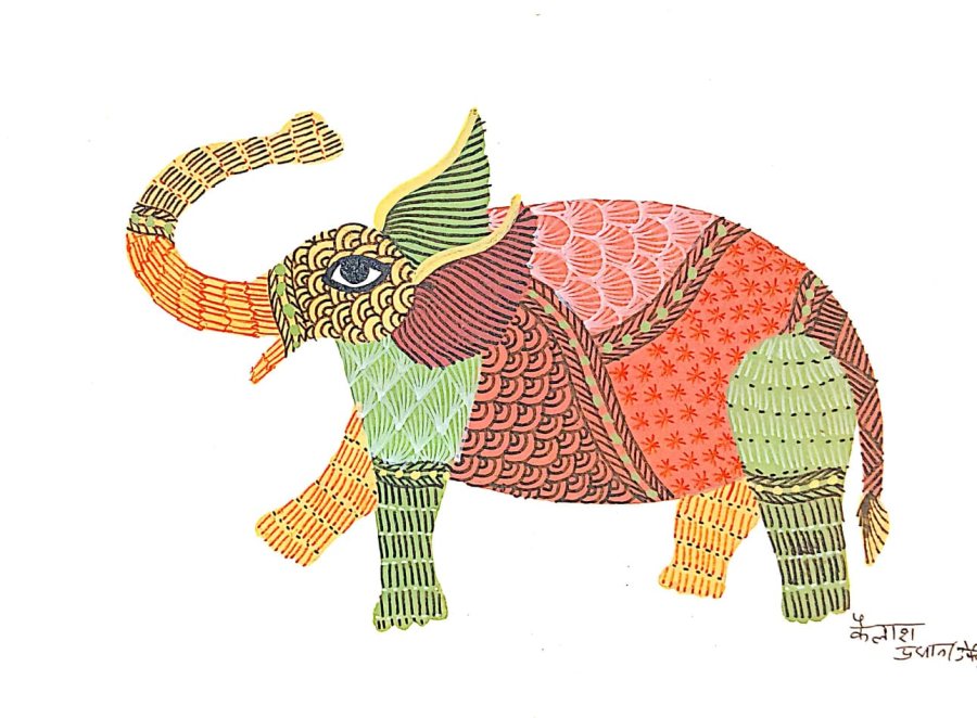 Gond painting: Elephant Raising its Trunk