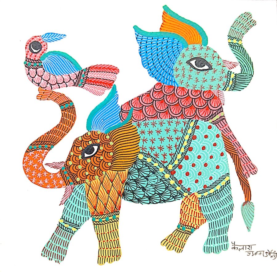 Gond painting: Elephant and Bird at Play