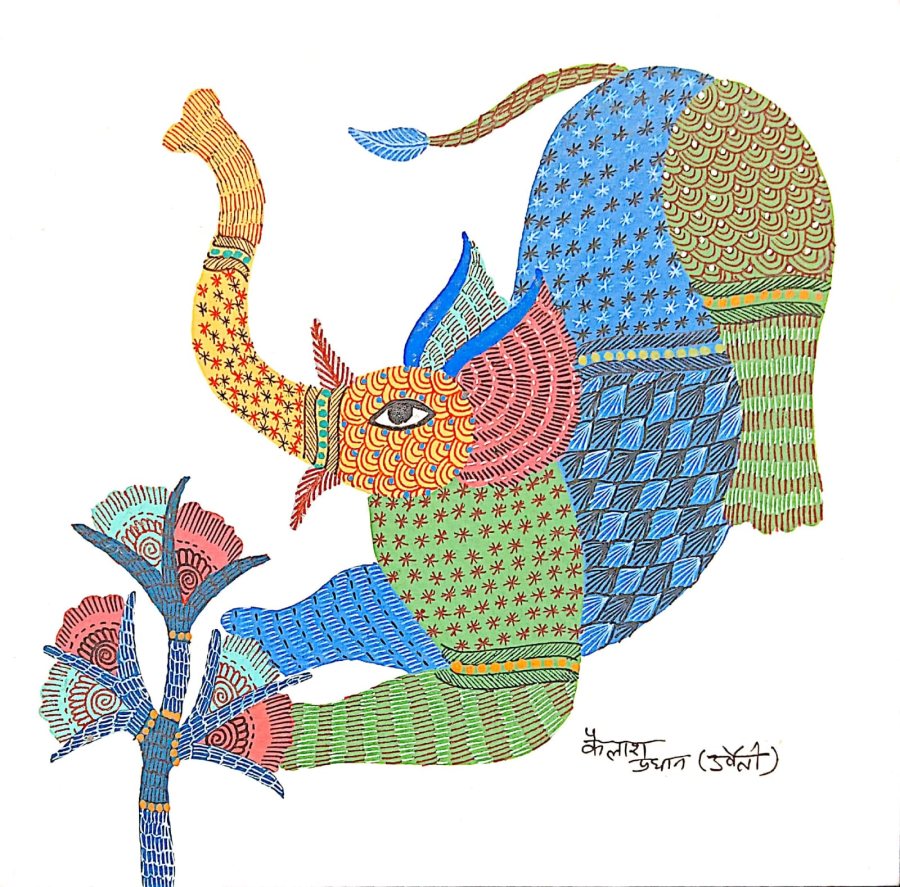 Gond painting: Elephant at the Flowering Tree