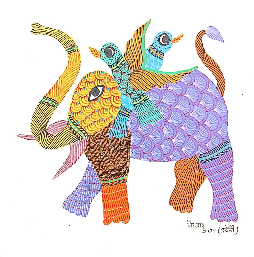 Gond painting: Elephant with Two Birds