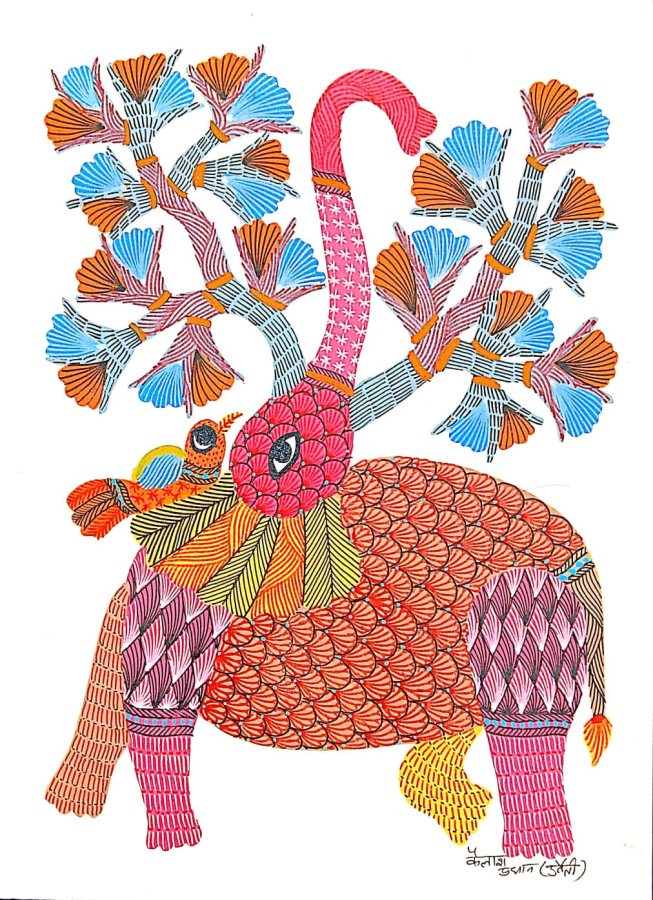 Gond painting: Elephant beneath the Blossoms