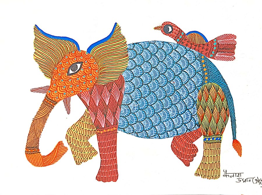 Gond painting: Elephant and the Red Bird