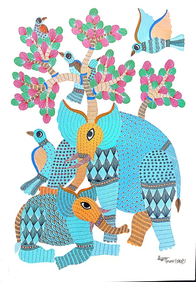 Gond painting: Mother and Calf with Birds
