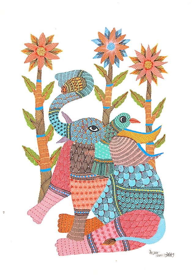 Gond painting: Elephant among the Flowers