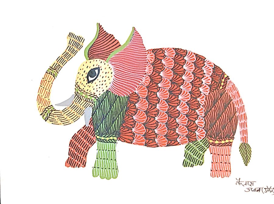 Gond painting: Red Elephant