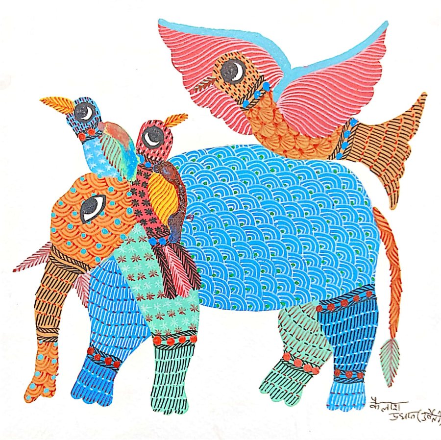 Gond painting: Elephant with Birds in Flight