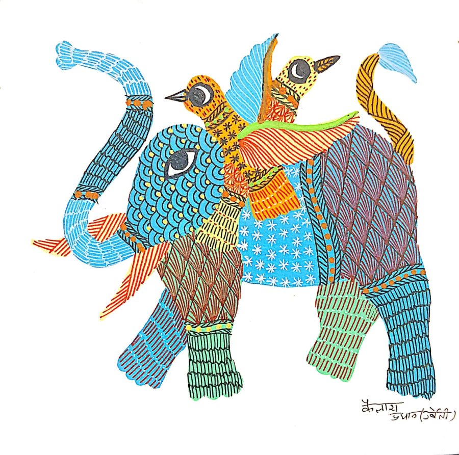 Gond painting: Elephant with the Lovebirds