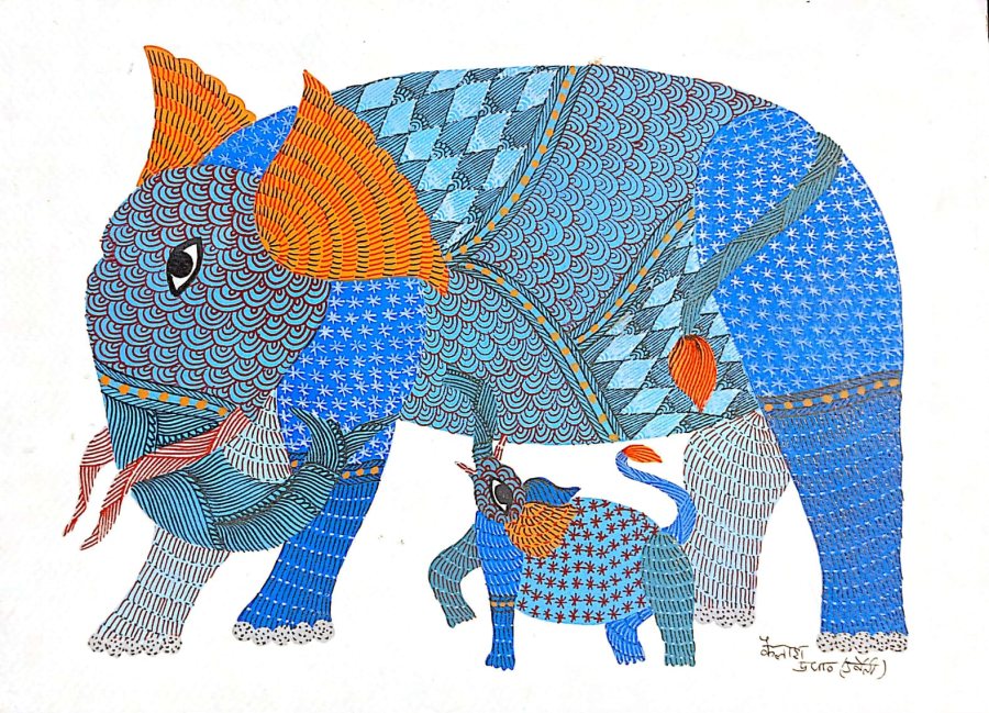 Gond painting: Mother and Baby Elephant