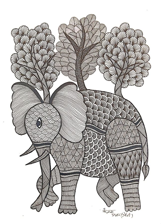 Gond painting: Elephant in the Grove, in Black and White