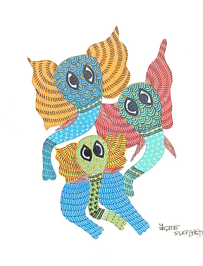 Gond painting: Three Elephant Friends