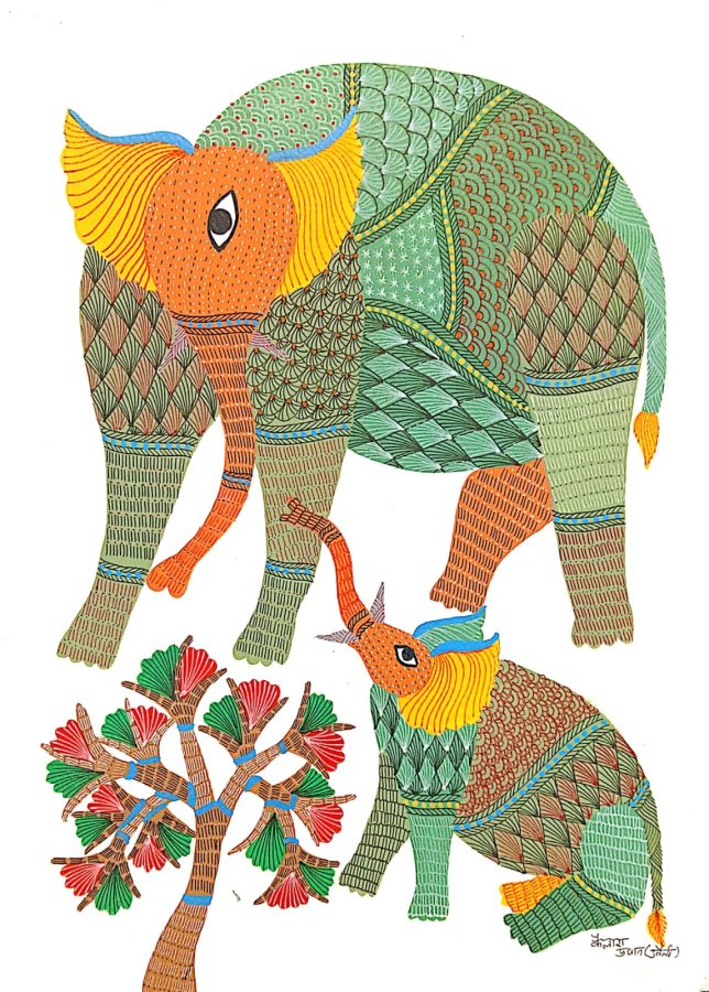Gond painting: Mother and Calf by the Flowering Tree