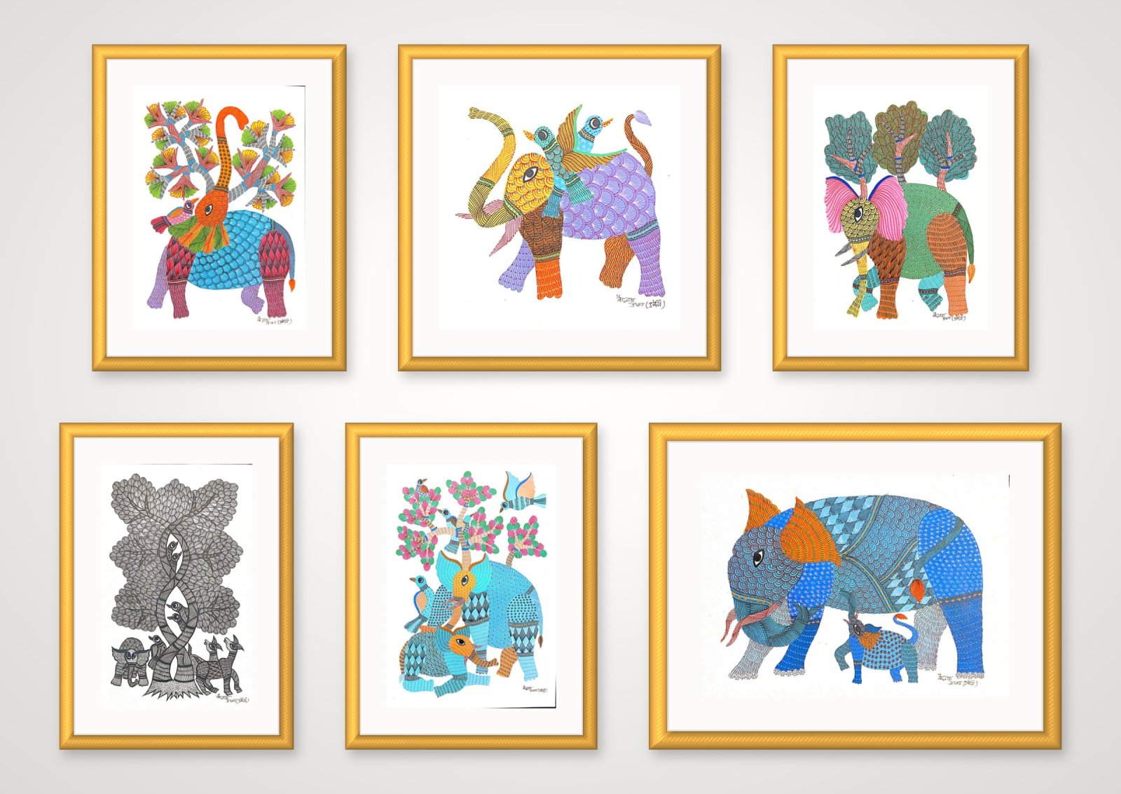 Six of the Gond paintings in gold frames hung in two neat rows on a white wall