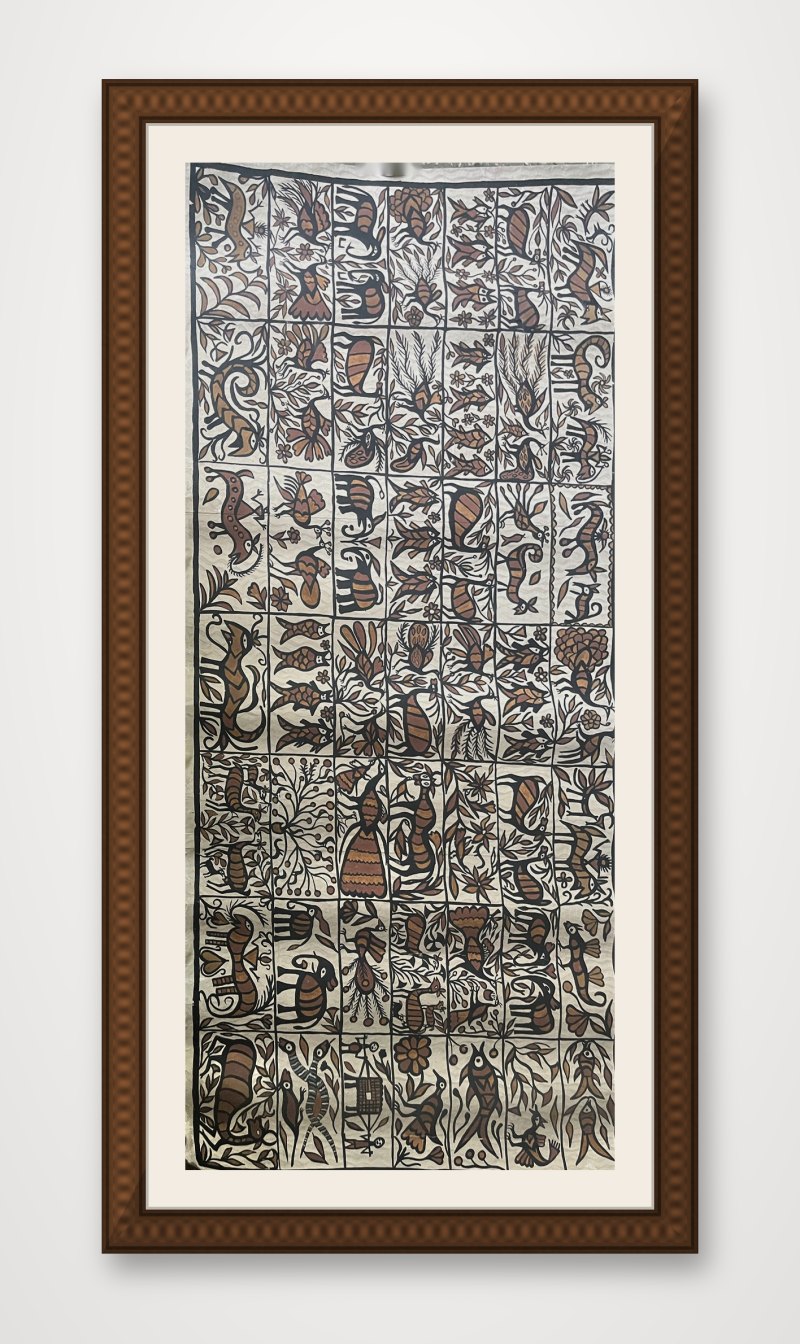 Long Sohrai painting of animals, birds and plants in panels, in a carved wooden frame on a white wall