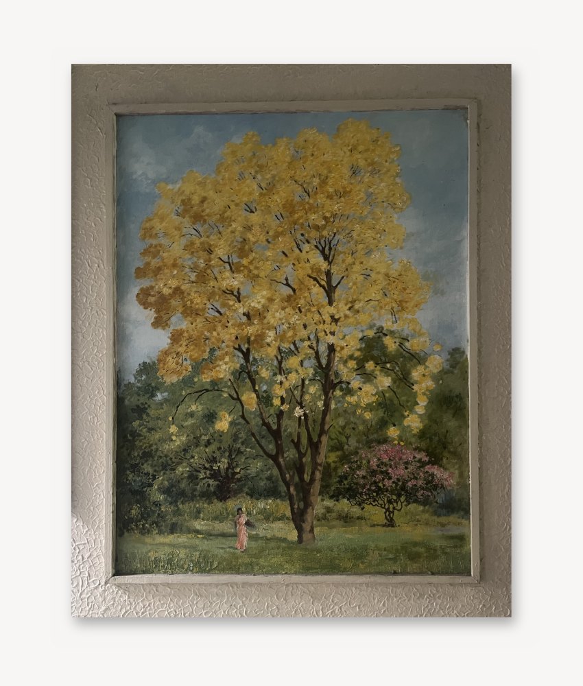 Oil painting of a tree in golden-yellow bloom with a woman in a pink sari