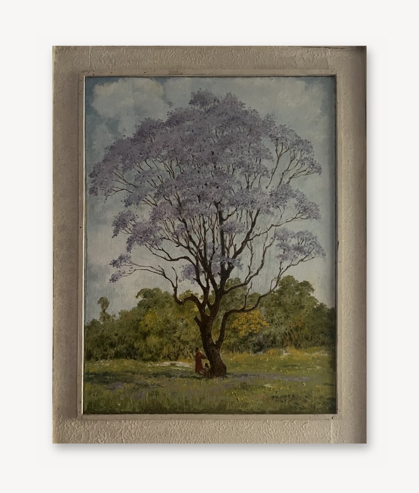 Oil painting of a jacaranda tree in purple bloom over a meadow