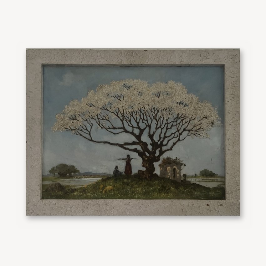 Oil painting of a spreading tree in white blossom on a hill by a river